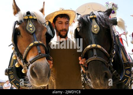 Barcelona, Katalonien, Spanien, 4. Juli 2022:Ein Mann zwischen zwei Pferden während der Wallfahrt der Jungfrau von El Rocio Stockfoto