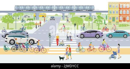 City Silhouette mit Straßenverkehr und Fußgängern auf dem Fußgängerübergang, Illustration Stock Vektor