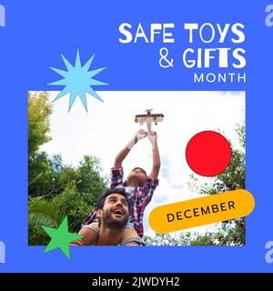 Zusammengesetzt aus sicheren Spielzeugen, Geschenken Monat, dezember Text und Vater trägt Sohn fliegenden Flugzeug auf der Schulter Stockfoto