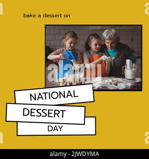 Backen Sie ein Dessert auf nationalen Dessert Tag Text, kaukasische Großmutter hilft Mädchen bei der Herstellung von Cookies Stockfoto