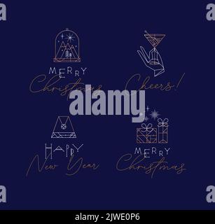 Silvester- und Weihnachtsetiketten mit Schriftzeichnung im Vintage-Linienstil auf blauem Hintergrund Stock Vektor