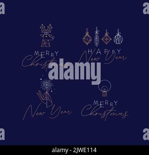 Set von Art-Deco-Labels für Neujahr und Weihnachten mit Schriftzeichnung im Vintage-Stil auf blauem Hintergrund Stock Vektor
