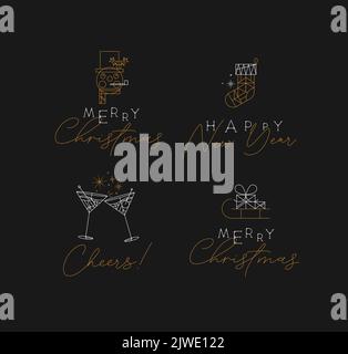 Weihnachten und Happy New Year Art-Deco-Labels mit Schriftzeichnung im modernen Vintage-Linienstil Stock Vektor