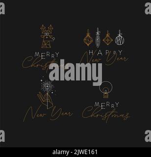 Set von Art-Deco-Labels für Neujahr und Weihnachten mit Schriftzeichnung im modernen Vintage-Linienstil Stock Vektor