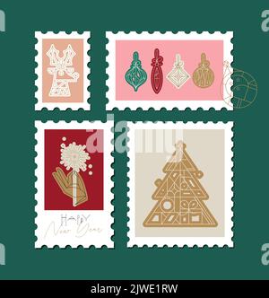 Weihnachten Art Deco Briefmarkensammlung Zeichnung in modernem Linienstil Stock Vektor