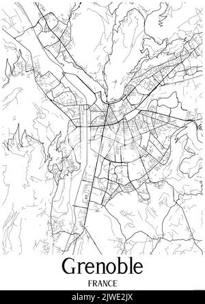 Klassische Schwarz-Weiß-Stadtkarte von Grenoble Frankreich.Diese Karte enthält geografische Linien für Haupt- und Nebenstraßen. Stockfoto