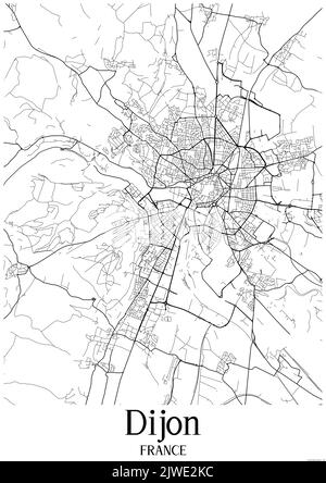Klassische Schwarz-Weiß-Stadtkarte von Dijon Frankreich.Diese Karte enthält geografische Linien für Haupt- und Nebenstraßen. Stockfoto