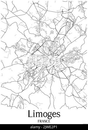 Klassische Schwarz-Weiß-Stadtkarte von Limoges Frankreich.Diese Karte enthält geografische Linien für Haupt- und Nebenstraßen. Stockfoto