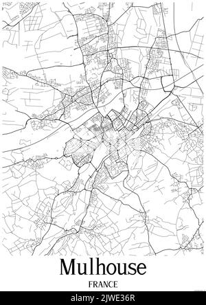Klassische Schwarz-Weiß-Stadtkarte von Mulhouse France.Diese Karte enthält geografische Linien für Haupt- und Nebenstraßen. Stockfoto