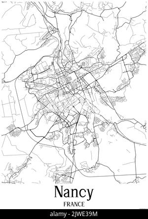 Klassische Schwarz-Weiß-Stadtkarte von Nancy France. Diese Karte enthält geografische Linien für Haupt- und Nebenstraßen. Stockfoto