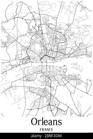 Klassische Schwarz-Weiß-Stadtkarte von Orleans Frankreich. Diese Karte enthält geografische Linien für Haupt- und Nebenstraßen. Stockfoto