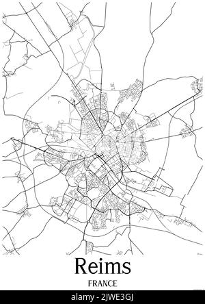 Schwarz-weiß klassische Stadtkarte von Reims Frankreich.Diese Karte enthält geografische Linien für Haupt- und Nebenstraßen. Stockfoto