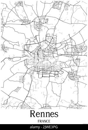 Klassische Schwarz-Weiß-Stadtkarte von Rennes Frankreich.Diese Karte enthält geografische Linien für Haupt- und Nebenstraßen. Stockfoto
