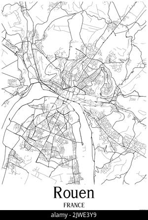Klassische Schwarz-Weiß-Stadtkarte von Rouen Frankreich.Diese Karte enthält geografische Linien für Haupt- und Nebenstraßen. Stockfoto