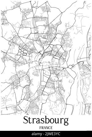 Schwarz-weiß klassische Stadtkarte von Straßburg Frankreich.Diese Karte enthält geografische Linien für Haupt- und Nebenstraßen. Stockfoto