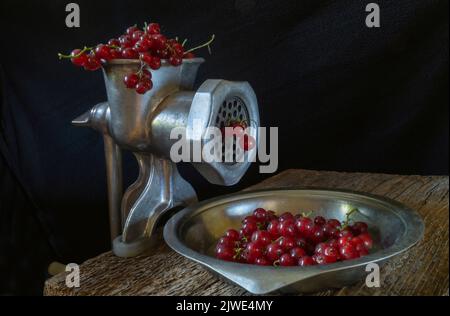 Küchenausstattung für die Verarbeitung von Beeren. Objekte auf schwarzem Hintergrund. Nahaufnahme des Handmechanismus Stockfoto