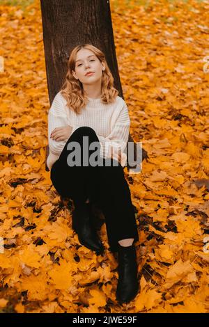 Ein Mädchen in einem weißen Pullover sitzt auf den Herbstblättern. Eine schöne Blondine mit einem Quadrat schaut auf die Kamera. Frau im Freien im Herbstpark. Stockfoto