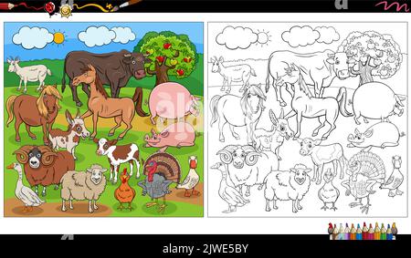 Cartoon Illustration von Bauernhof Tier Charaktere Gruppe Malvorlagen Stock Vektor