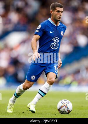 Chelseas Christian Pulisic in Aktion während des Spiels der Premier League in Stamford Bridge, London. Bilddatum: Samstag, 3. September 2022. Stockfoto