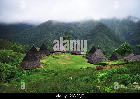 Niedrige Wolke über traditionellen Mbaru Niang Häusern in den Bergen, WAE Rebo Village, Manggarai District, Flores Island, Indonesien Stockfoto