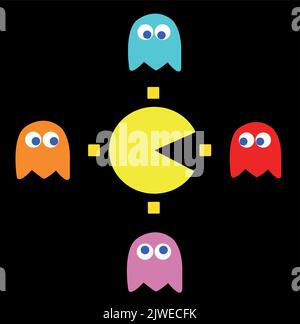 PAC-man Spiel Thema Vektor Illustration. Retro-Computerspiel mit Pac-man-, Pinky-, Blinky-, Inky- und Clyde-Charakteren Stock Vektor