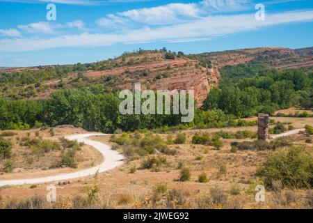 Route zu den Ruinen von Tiermes. Montejo de Tiermes, Provinz Soria, Castilla Leon, Spanien. Stockfoto