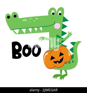 Boo - lustige Vektorzitate und Krokodilzeichnung. Schriftzug Phrase für Halloween-Party. Niedliche Alligator Figur Illustration auf isolierten Hintergrund. Stock Vektor