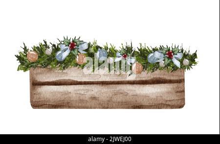 Immergrüne Kiefer im rustikalen Topf mit weihnachtsbeleuchtung, Kieferkegel, Firy. Aquarelldarstellung. Bauernhaus Weihnachtsbaum isoliert auf dem weißen Stockfoto