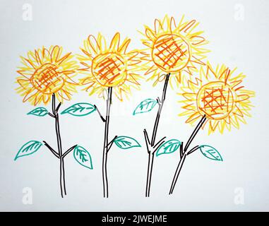 Üben Sie das Zeichnen farbiger Linien mit dem copic-Marker und handgemalten kreativen Malern Zeichnen von farbenfrohen geometrischen Formen Sonnenblumenblütenblätter Stockfoto