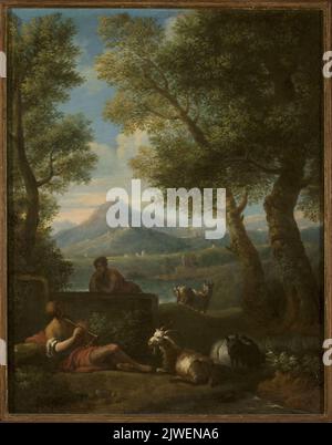 Ideale Landschaft mit einem Hirten, der eine Flöte spielt, und einer Hirtin, die über einen Grabstein schießt. Bloemen, Jan Frans van, zw. Orizzonte (1662-1749), Autor Stockfoto