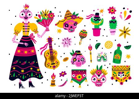 Tag des Todes. Traditioneller mexikanischer Urlaub. Helle Symbole. Dekorative Schädel oder Blumen. Musikinstrument. Latino-Fiesta. Catrina-Skelett. Muertos Stock Vektor