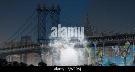 Moderne Kunst. Manhattan Bridge. Riesenmond am Horizont. 3D Rendern Stockfoto