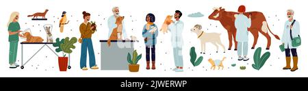 Tierarzt Ärzte mit Tieren. Cartoon Tierärzte Prüfung niedlichen Haustieren. Nutztiere. Hunde und Katzen Behandlung. Die Menschen kümmern sich um Hase und Ziege Stock Vektor