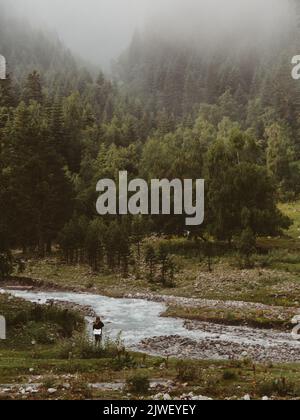 Schöne mystische Aussicht mit einer Berglandschaft im Nebel, einem dichten Wald und einem Fluss zwischen den Steinen. Einsame Figur eines unbestimmten Mädchens auf t Stockfoto