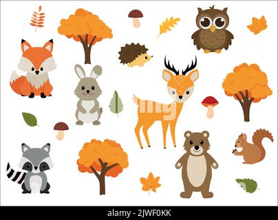 Vektor-Illustration von niedlichen Waldwaldtieren, darunter ein Bär, Hirsch, Fuchs, Waschbär, Igel, Eichhörnchen und Kaninchen. eps 10 Stock Vektor