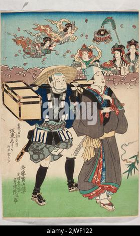 Epitaph-Porträt des Schauspielers Bardo Shuka (1813–1855), mit einem Diener, der eine Schachtel trägt, und himmlischen Kreaturen im Hintergrund. Utagawa, Kunisada I (1786-1864), Grafiker Stockfoto
