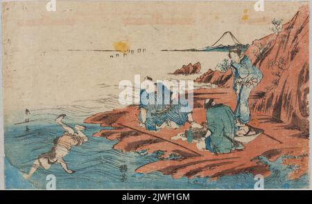 Picknick am Meer mit Mt. Fuji im Hintergrund und ein Tauchperlenfischer. Katsukawa, Shunsen (aktiv 1781-1801), Grafiker Stockfoto