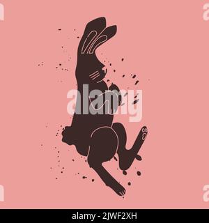 Schwarzes Kaninchen auf einem rosa Hintergrund mit schwarzen Spritzern. Der Hase fliegt oder springt. Symbol von 2023. Vektor trendige Illustration für Design, t Stock Vektor