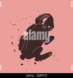 Schwarzes Kaninchen auf einem rosa Hintergrund mit schwarzen Spritzern. Der Hase fliegt oder springt. Symbol von 2023. Vektor trendige Illustration für Design, t Stock Vektor