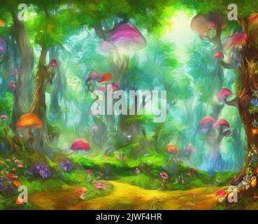 Aquarell und Öl Fantasie Waldlandschaft, magische Bäume, Pilze, glühend. Digitale Malerei Illustration Konzept Kunst der mystischen Natur, im Freien Stockfoto