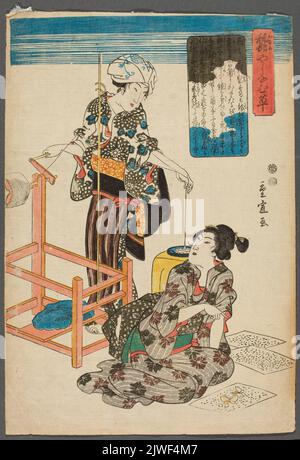 Frauen bei der Seidenzucht; Druck aus der Serie: Kaiko (Silk Farming). Utagawa, Hiroshige II (1826-1869), Grafiker Stockfoto