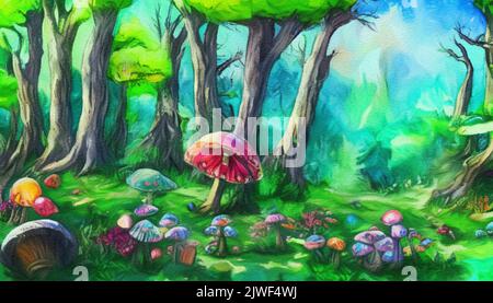 Aquarell und Öl Fantasie Waldlandschaft, magische Bäume, Pilze, glühend. Digitale Malerei Illustration Konzept Kunst der mystischen Natur, im Freien Stockfoto