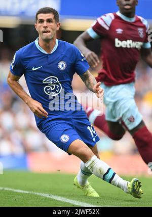 03 Sep 2022 - Chelsea gegen West Ham United - Premier League - Stamford Bridge Chelsea's Christian Pulisic während des Spiels in Stamford Bridge. Picture : Mark Pain / Alamy Live News Stockfoto