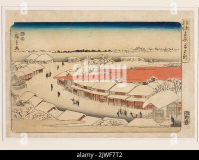 Morgendlicher Schneefall in Yoshiwara (Yoshiwara yuki-no asa); Druck aus der Serie: Toto meisho (berühmte Orte der östlichen Hauptstadt). Andô, Hiroshige (1797-1858), Grafiker Stockfoto