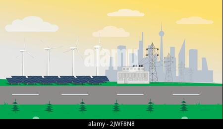 Alternative Energiequellen. Windgenerator, Sonnenkollektoren auf dem Hintergrund einer großen Stadt. Ökologisches Konzept. Stock Vektor