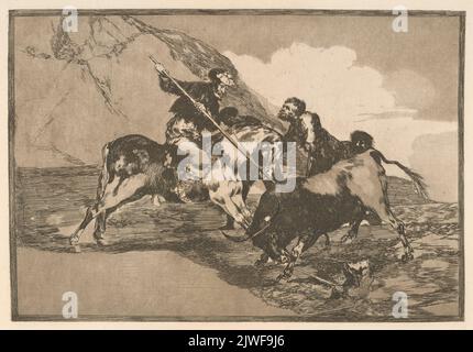 Die Art und Weise, wie die alten Spanier Stiere zu Pferd jagten (Modo con que los antiquos espanoles cazaban los toros a caballo en el campo). Ríos, Ricardo de los (1847-1929), Handelsarbeitgeber, Goya, Francisco de (1746-1828), Grafiker, Calcograf'ia Nacional (Madryt ; 1789- ), Verlag, Agua, Perez (fl. Ca 1905), Drucker Stockfoto