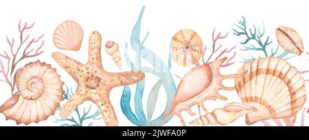 Aquarell marine Grenze. Nahtloses Meeresband mit Korallen, Seesternen und Muscheln, Nahtloses Muster, Rahmen mit Unterwasserobjekten Stockfoto