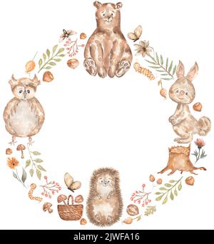 Aquarell Waldtierkranz, Boho Eule, Bär, Kaninchen und Igel Rahmen Illustration, botanischen Rahmen mit niedlichen Tier. Baumschule Waldclipart Stockfoto