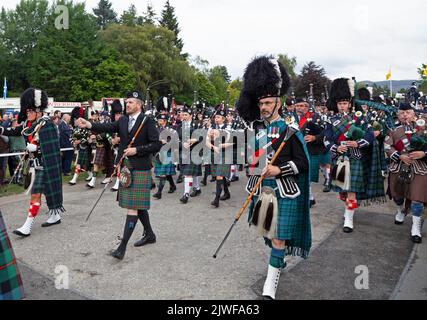 Braemar Royal Highland Gathering 2022. 3.. September 2022. Braemar, Aberdeenshire, Schottland. Mass Pipe Bands und Highland Spiele. Stockfoto