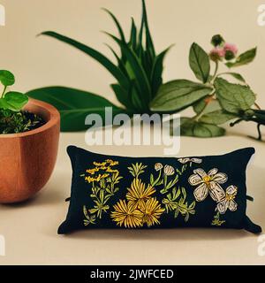 Ein schwarzes Kissen, verziert mit gestickten gelben Blumen mit Pflanzen und Blumen auf dem Hintergrund Stockfoto